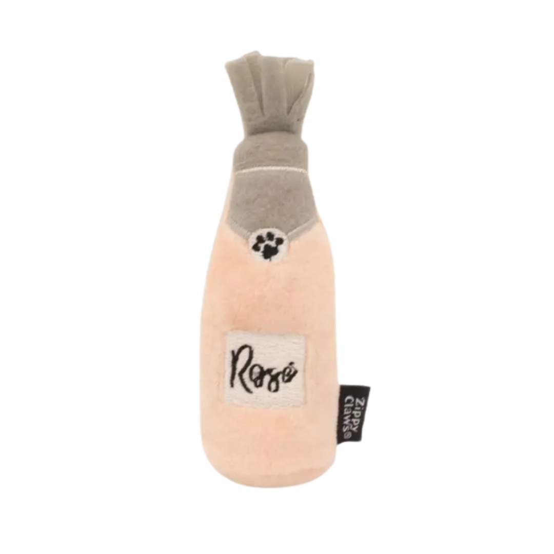 Coco & Pud catnip Crusherz Rose Cat toy  shaped like a bottle with a gray top and pink shaped bottle of champagne - Zippy Claws