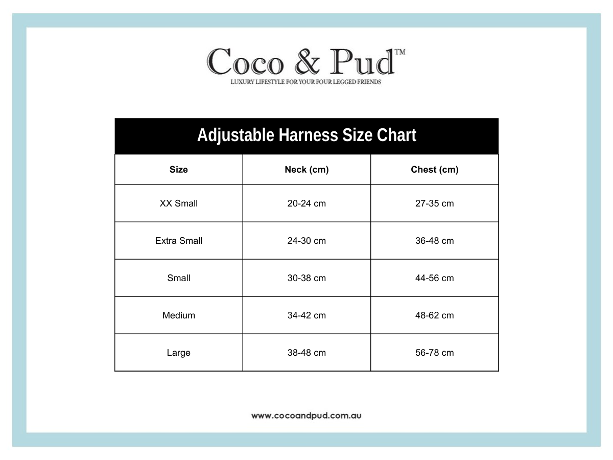 Coco & Pud Adjustable  Doxie Love Dog Harness Size Chart 