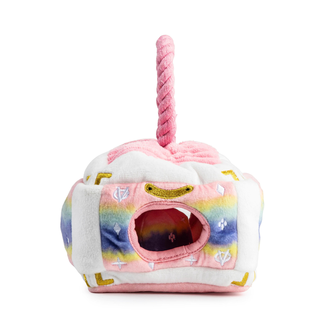 Coco & Pud - Chewy Vuiton Pink Ombre Activity Trunk Dog Toy  end view - Haute Diggity Dog