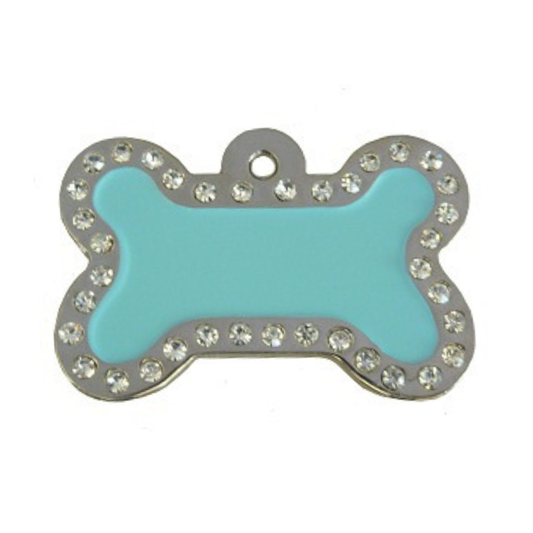 Coco & Pud Crystal Bone ID Tag - Aqua & Silver - Coco & Pud