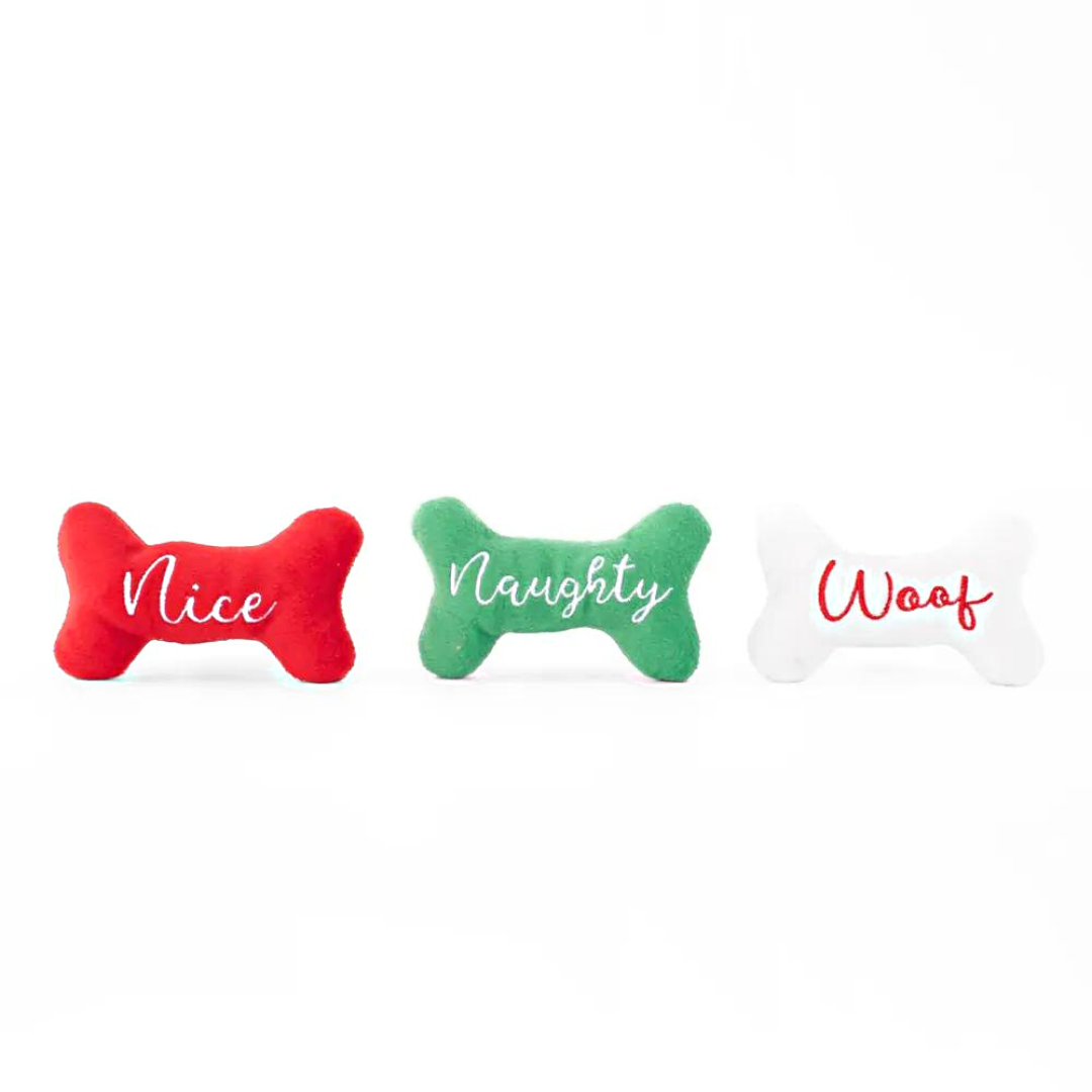Naughty Nice Woof christmas bones dog toy - 3 pack minis