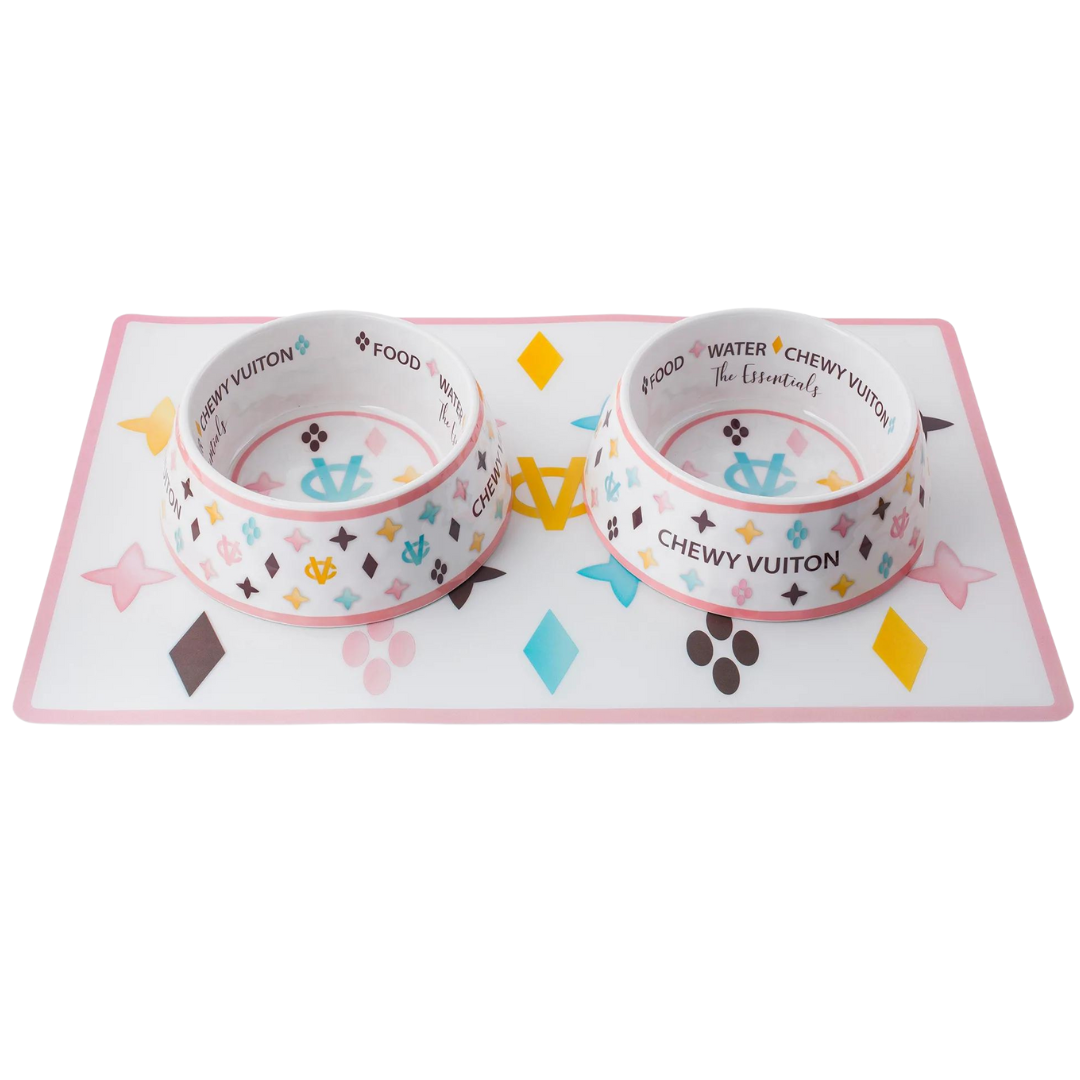 Coco & Pud White Chewy Vuiton Dog Bowls on matching - Haute Diggity Dog placemat